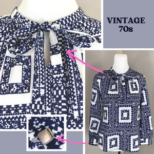 Vintage 70s Bold Geo Graphic Blue White PUS8Y Bow Lilac Mood Style Buttons ~SZ M